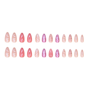 Lot de 24 faux ongles amande avec lignes 3D holographiques et dégradé rose nacré