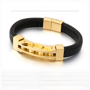 Detailed size chart for men's black woven leather bracelet with gold stainless steel clasp