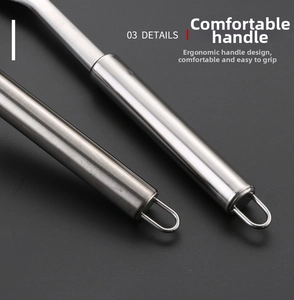 Close-up of ergonomic stainless steel handle with hanging hook and dual surface finish