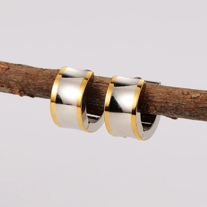 Fashionable two-tone stainless steel hoop earrings with gold edges on a branch