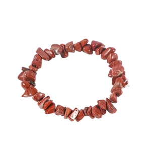 Detailed close-up of natural red stone chip beads on a handmade braided bracelet