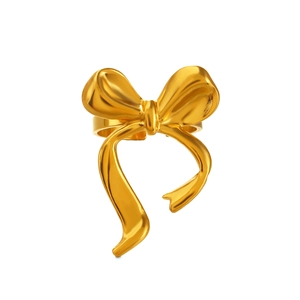 Minimalist golden stainless steel bow knot open ring with a polished metallic finish