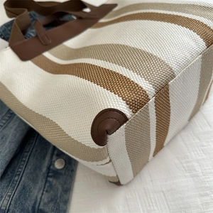 Striped canvas tote bag with leather trim and large capacity for women's daily commute