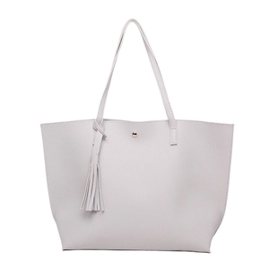 Large grey lychee pattern PU tote bag with tassel pendant and magnetic closure