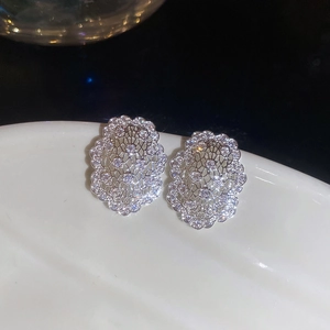 Gros plan détaillé de boucles d'oreilles ovales évidées argentées serties de zircons