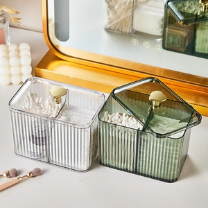 Clear and green acrylic makeup organizer with gold heart handles for cotton pads and swabs