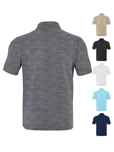 Detailed overview of men's polo shirts in six colors featuring textured waffle fabric