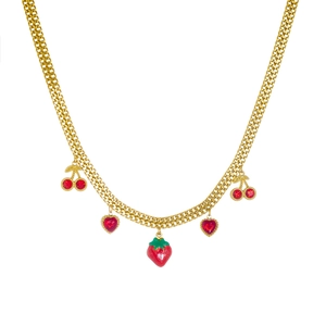Gold-plated strawberry and heart pendant necklace with red crystals on woven chain