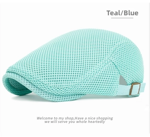 Detail of breathable mesh texture and metal adjustment buckle on the blue flat cap