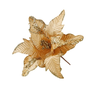 Fleur de poinsettia artificielle dorée pailletée pour décoration de sapin de Noël