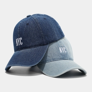Classic washed denim baseball caps with NYC embroidery in dark and light blue colors