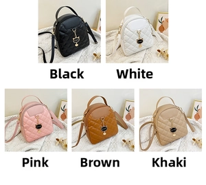 Detailed view of quilted mini backpacks in five colors with cute cat pendant and gold hardware
