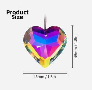Detailed view of a 45mm iridescent heart crystal suncatcher prism with size dimensions