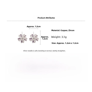 Detailed size and weight specs for silver flower stud earrings with purple zircons