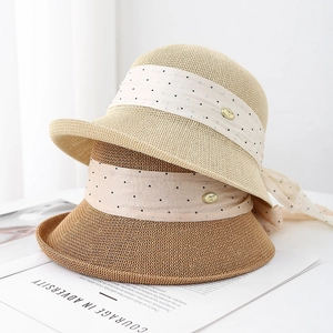 Chapeau De Pêcheur En Paille Femmes Bord Large Protection Solaire Vacances Plage Élégant Ruban À Pois Nœud