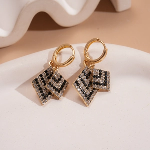 Gold geometric rhombus drop earrings with black and white pavé rhinestones for women