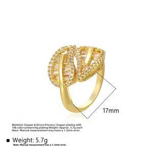 Detail view of 18k gold plated leaf ring with white zircon pave setting and 17mm inner size