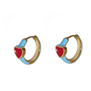 Minimalist golden hoop earrings with light blue enamel and small red hearts