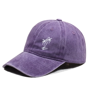 Vintage washed purple denim baseball cap featuring white coconut tree embroidery detail