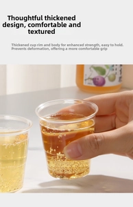 Close-up of thick disposable clear plastic cup featuring a smooth rolled rim and hand grip
