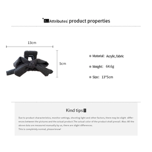 Detailed specs of dark grey acrylic fabric bow hair claw clip measuring 13x5cm