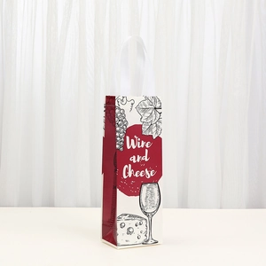 Beige non-woven wine gift bag with Wine and Cheese print and red handle for single bottle