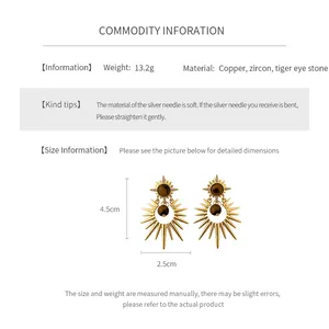 Detailed size chart showing 4.5cm copper earrings with tiger eye and zircon stones