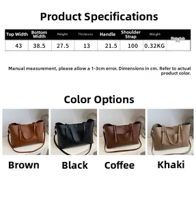 Detailed size chart for the large PU leather tote bag with precise product dimensions