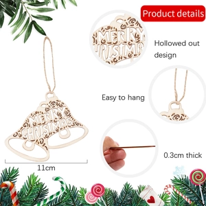 Detail view of 11cm wooden Merry Christmas bell ornament with laser cutouts and 3mm thickness