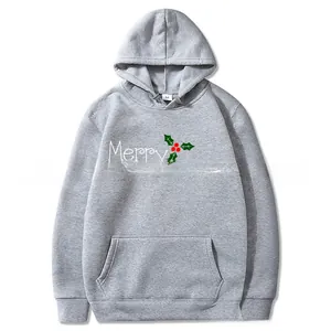 Detail of grey Christmas hoodie showing Merry Christmas print and soft knit fabric texture