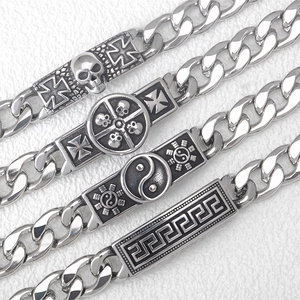 Men's stainless steel Cuban chain bracelets with engraved skull and patterns