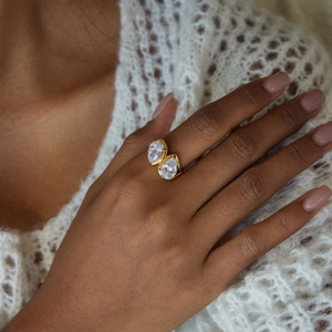 Detail of 18K gold stainless steel ring with two pear-cut white zircons on a model