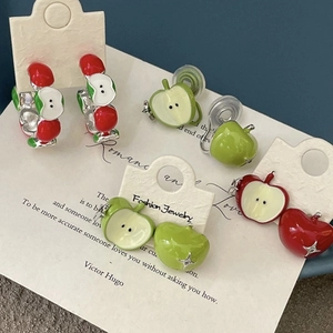 Asymmetric Apple Stud Earrings Alloy Enamel Fruit Shape With Silver Earring Post Sweet Forest Style For Women Girls