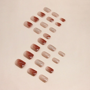 Brown ombre press-on nails with glitter lines and glossy finish, 24 piece set