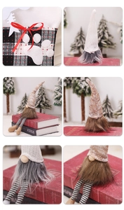 Close-up details of Christmas gnomes and buffalo plaid stocking with white paw print