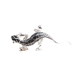 Fashion lizard animal brooch with black enamel inlay and sparkling crystals on silver finish
