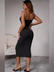 Slim fit black camisole maxi dress with elegant ruching and bodycon silhouette