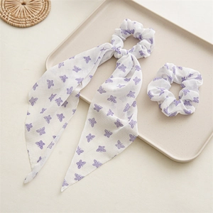 White chiffon scrunchie set with purple butterfly print and long tail ribbon decor