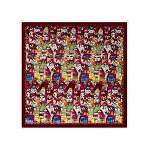Detailed pattern of a square satin scarf with colorful cartoon cats and a red dot border