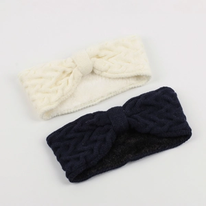 Detail of twisted cable knit headband with warm white fleece lining in navy and white