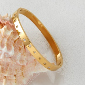 Polished gold stainless steel bangle with pavé zircon accents on a decorative seashell