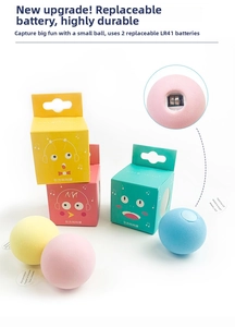 Detailed view of colorful plush pet toy balls with battery compartments and packaging