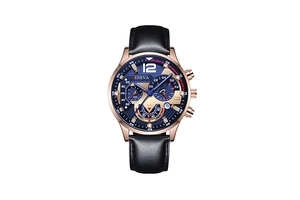 Detail of multi-functional men's quartz watch with chronograph sub-dials and date window