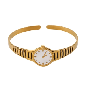 Creative gold-plated watch-style open cuff bracelet with vintage textured strap design