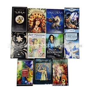 Detailed grid view of diverse themed oracle and tarot card sets with artistic packaging