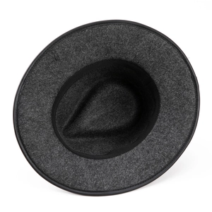 Detailed interior of dark grey wool felt fedora with black sweatband and stitched brim
