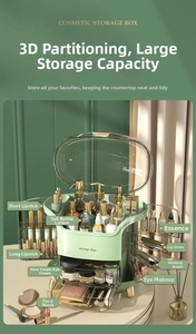 Detail von mintgrünem Make-up-Organizer mit staubdichtem Deckel und seitlichen Lippenstiftfächern
