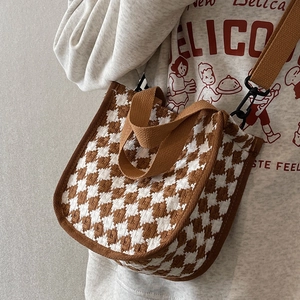 Houndstooth Pattern Crossbody Bag Women Knitted Checkerboard Handbag Adjustable Strap Casual Shoulder Bag Vintage Tote