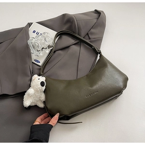 Olive green PU leather shoulder bag with cute plush bear charm and clear ok embossing