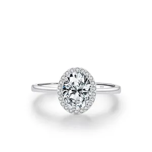 Detailed view of S925 silver ring featuring oval cut gemstone and halo diamond setting